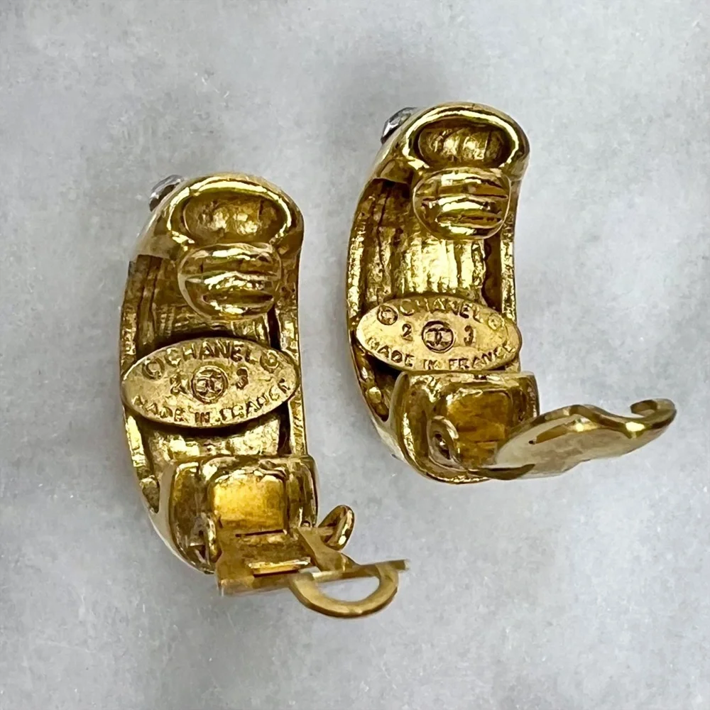 Chanel Vintage Crystal & Gold Plated Half Moon Clip-On Earrings